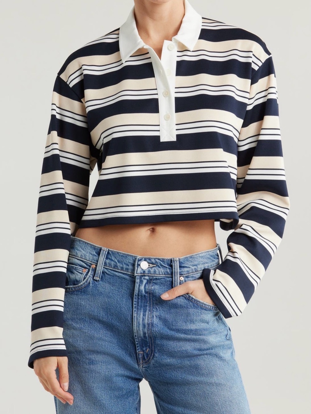 EUC Reformation Anna Rugby Crop Knit Top | Navy & Cream Stripe | Small